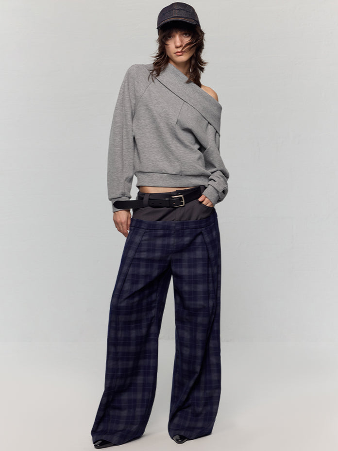 Grey Asymmetric Off-Shoulder Loose Sweatshirt - CHINASQUAD