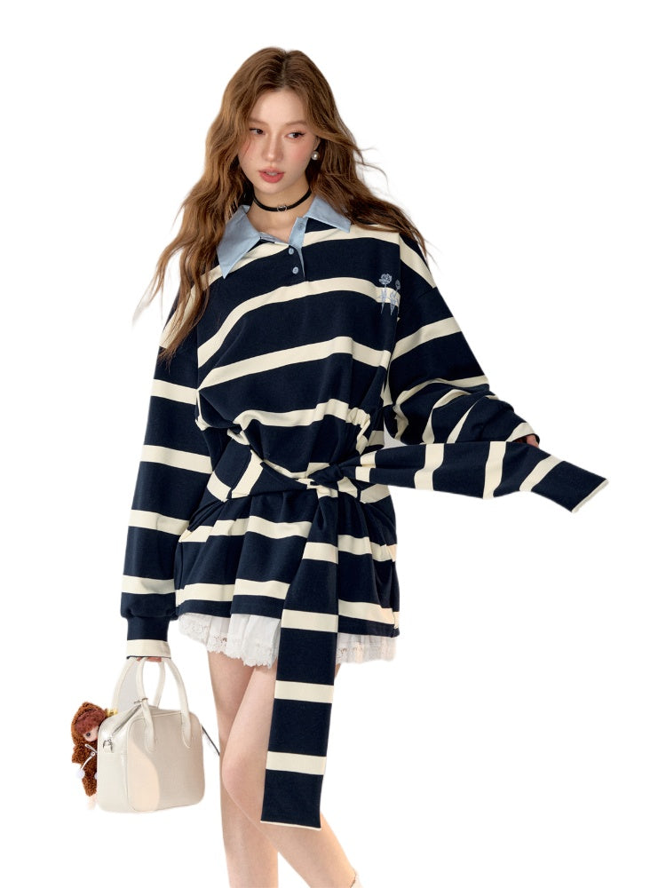 Color-block Rose Embroidery Striped Polo Dress - CHINASQUAD