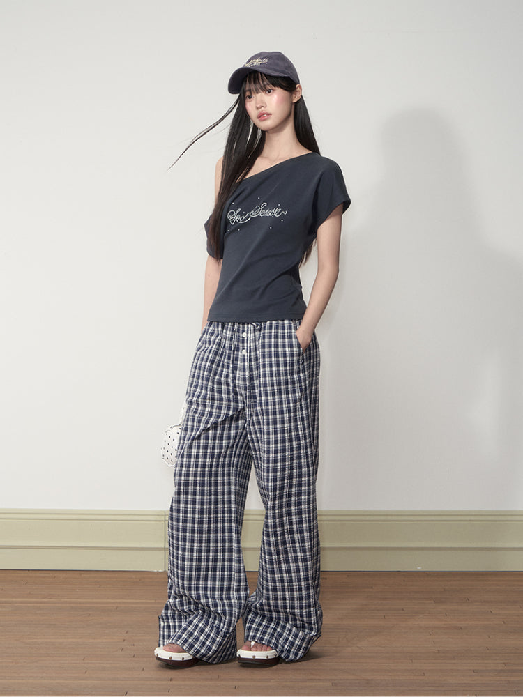 Flapped Loose Navy Checkered Pants - CHINASQUAD
