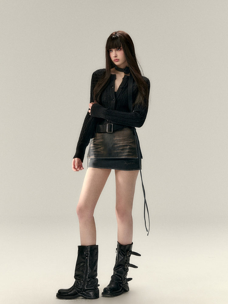 Belted Hollow Out Knit Sweater - CHINASQUAD