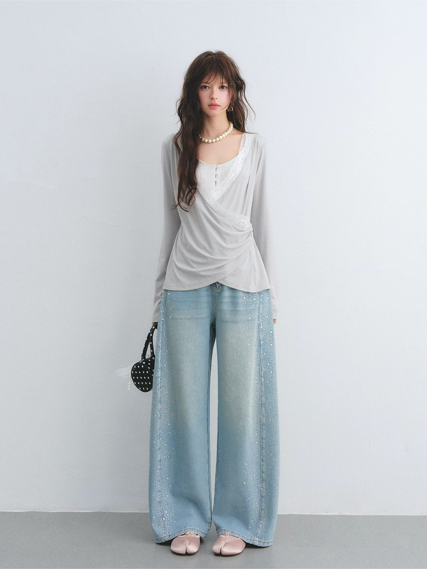 Lyocell Washed Rhinestone Curved-Leg Wide Denim Pants