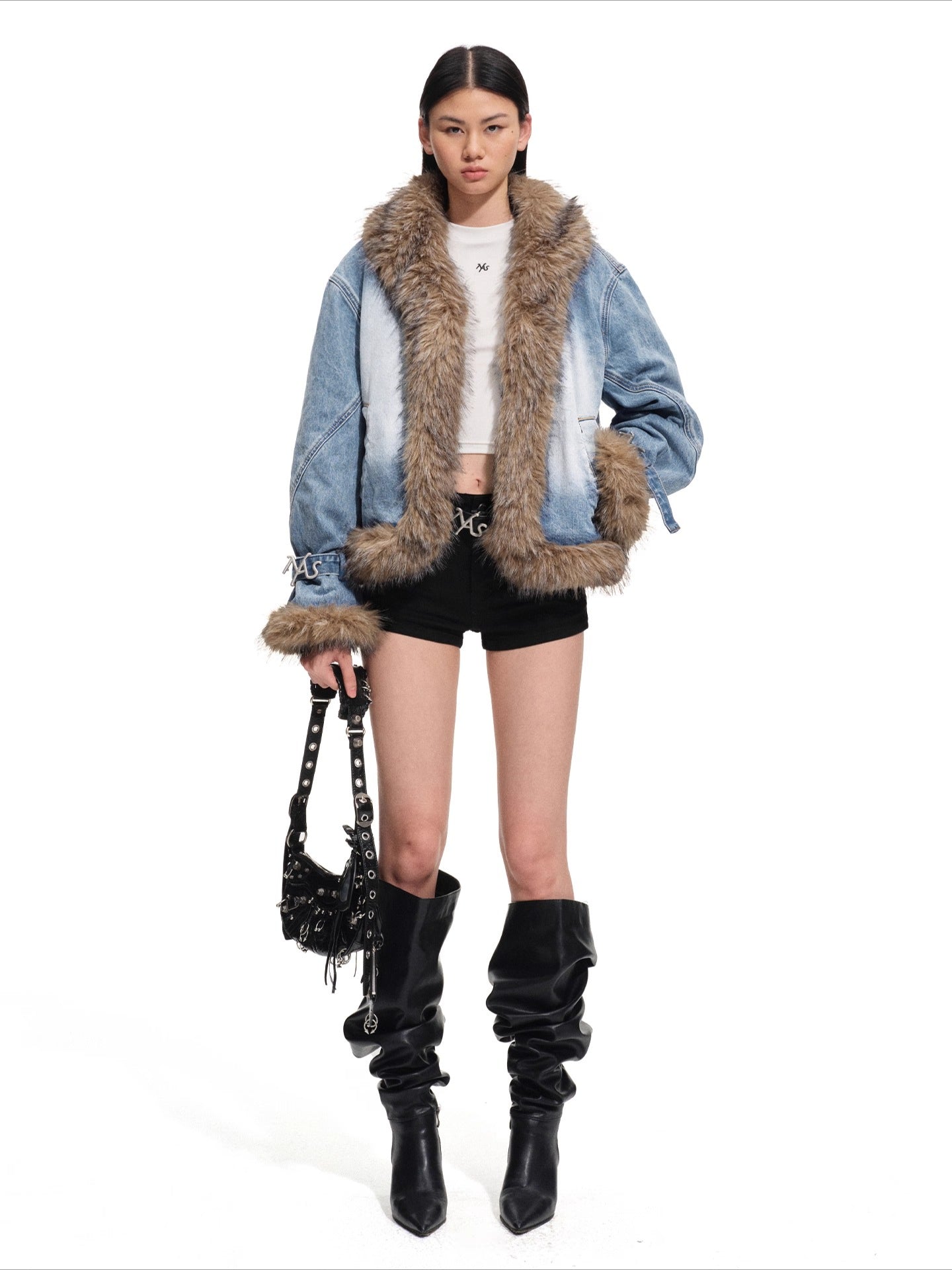 Faux-Fur Trim Washed Denim Jacket