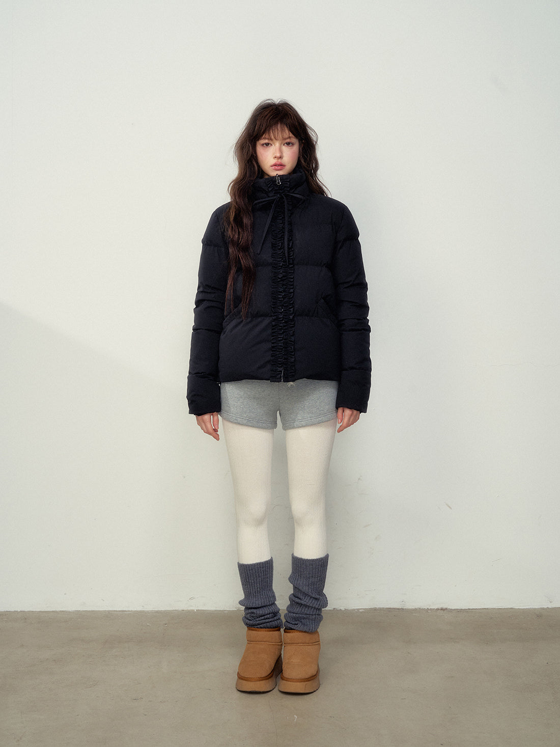 Black Ruffled Short Down Jacket - CHINASQUAD