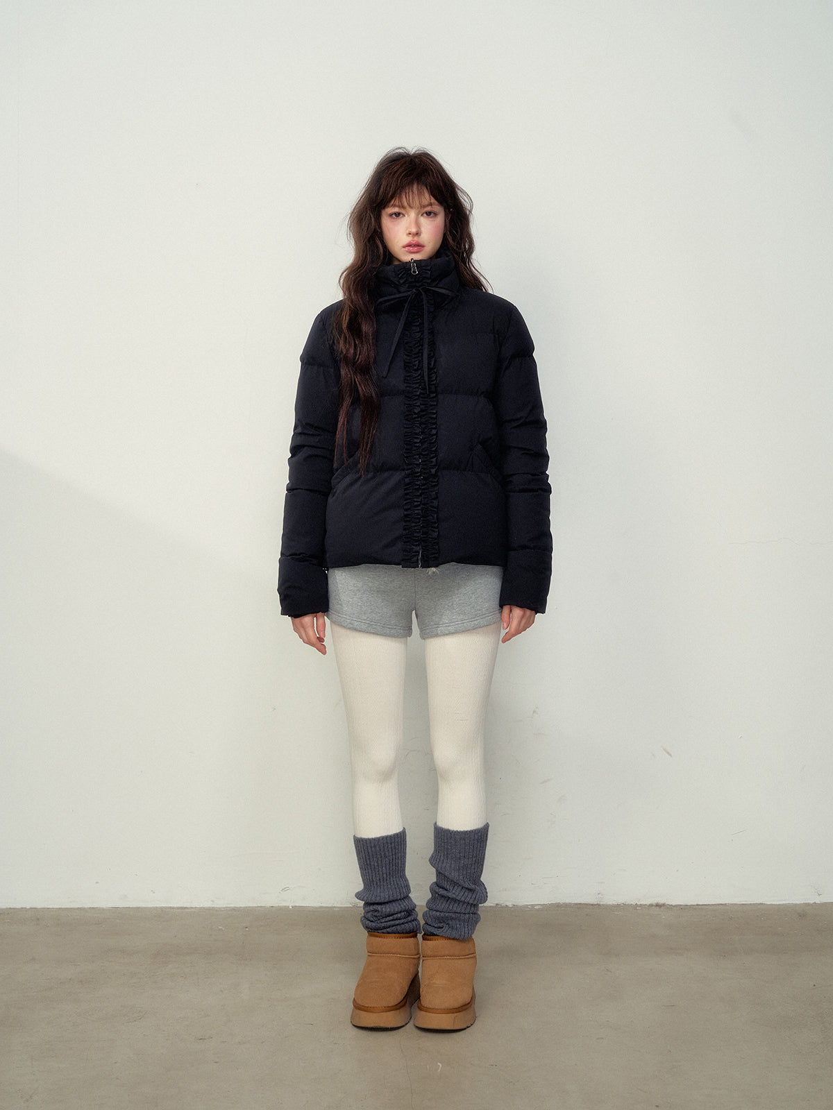Black Ruffled Short Down Jacket - CHINASQUAD