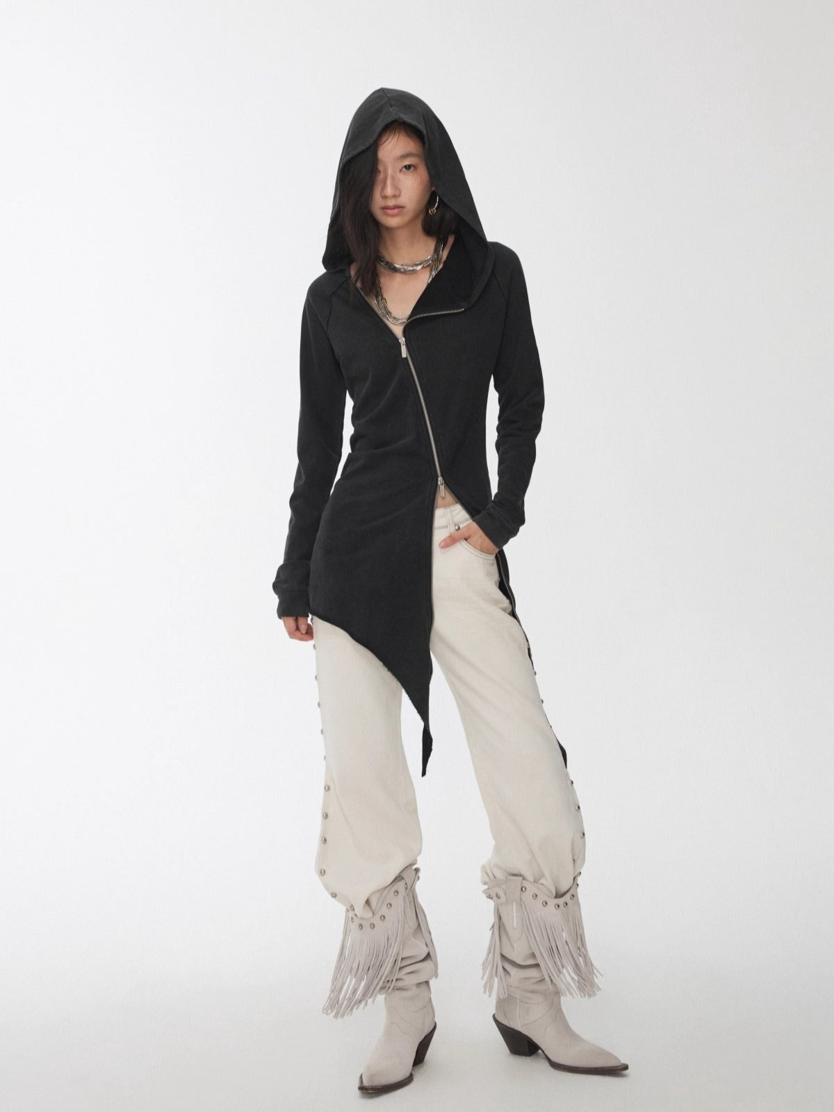 Washed Rhinestone Studded Deconstructed Hoodie Dress - CHINASQUAD