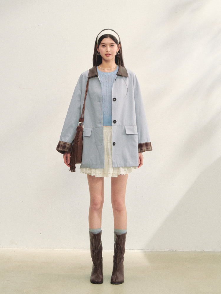 Plaid Patchwork Color-Block Trench Coat - CHINASQUAD