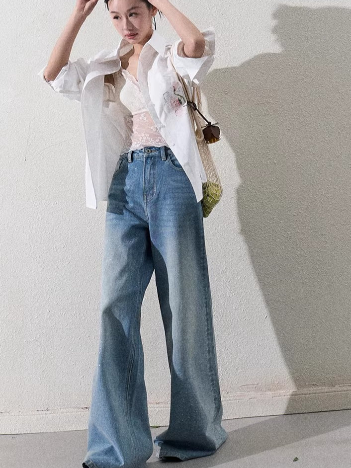 Cotton Silver-Splatter Wide-Leg Jeans