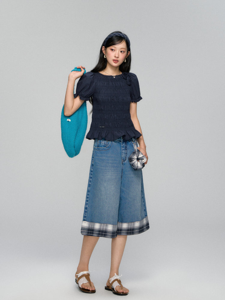 Three-Dimensional Flower Pleated Short-Sleeve Blouse - CHINASQUAD