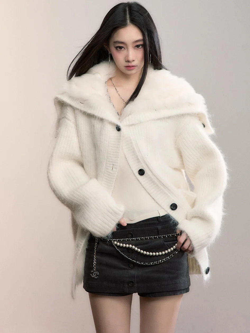 Fox Fur Collar Plush Knit Cardigan
