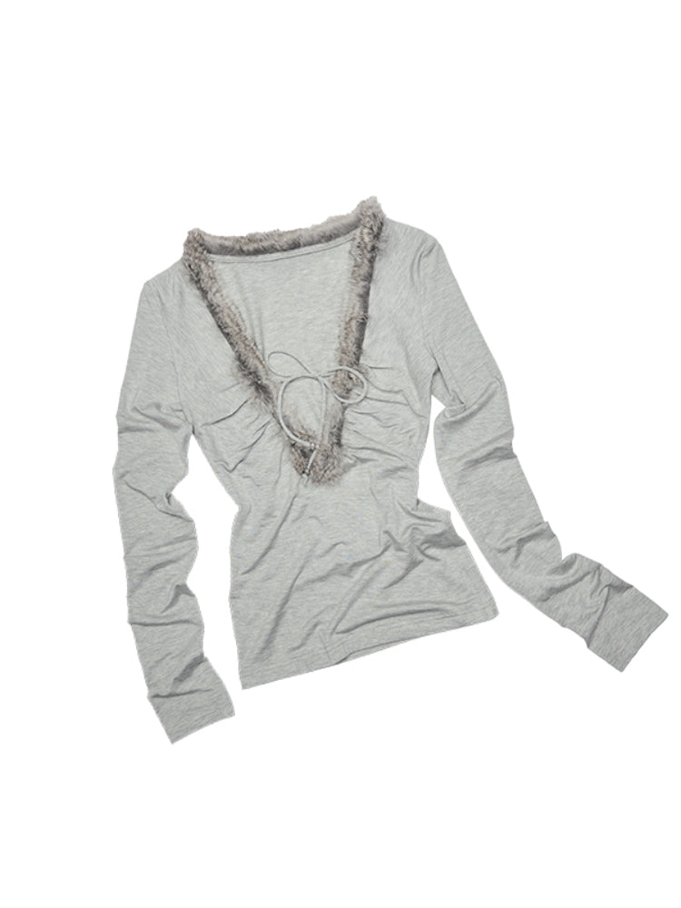 Fur Trimmed Deep V-Neck Slim Fit Knit Top - CHINASQUAD