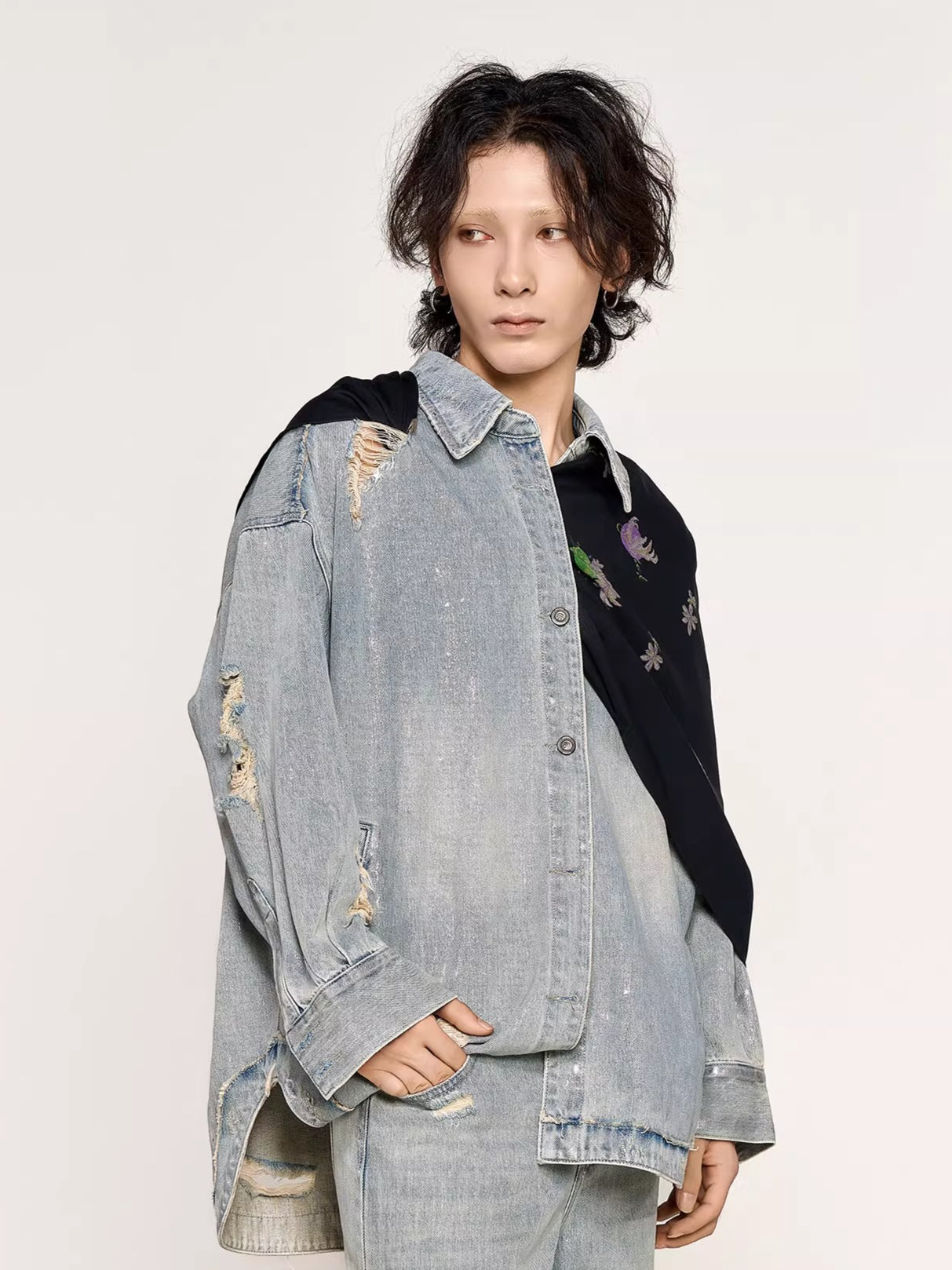 Silver-Foil Raw-Edge Oversized Denim Shirt