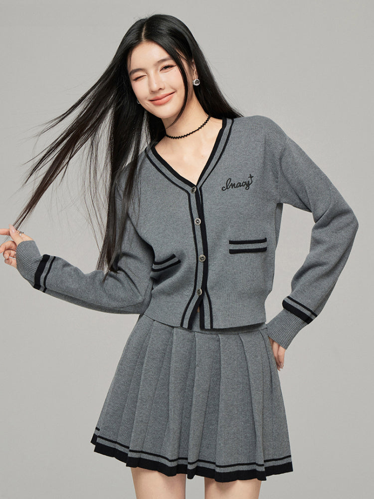 Contrast Color Knit V-neck Cardigan Set - CHINASQUAD