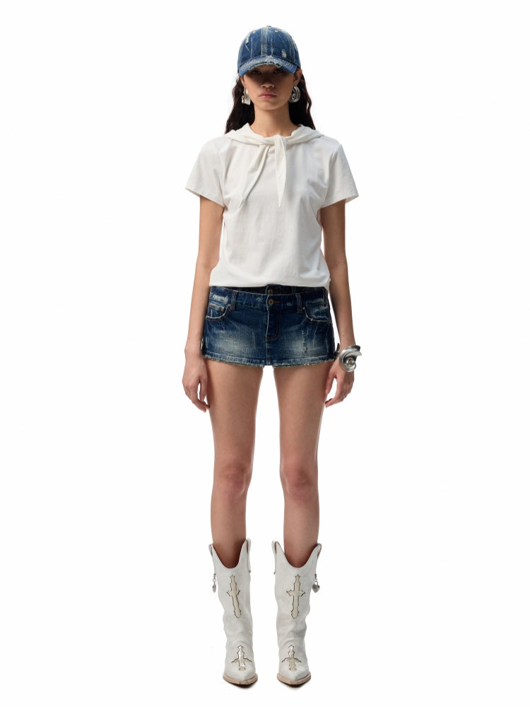 Hooded Bow Solid-Color T-shirt - CHINASQUAD