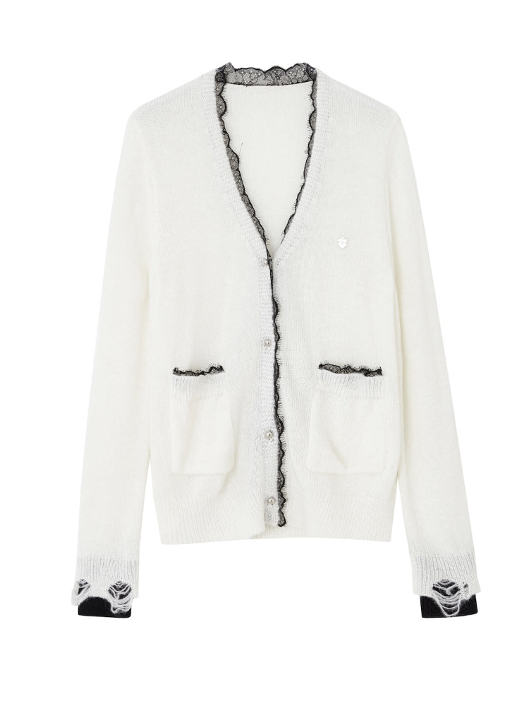 Color-Blocked Lace Trim Cardigan - CHINASQUAD