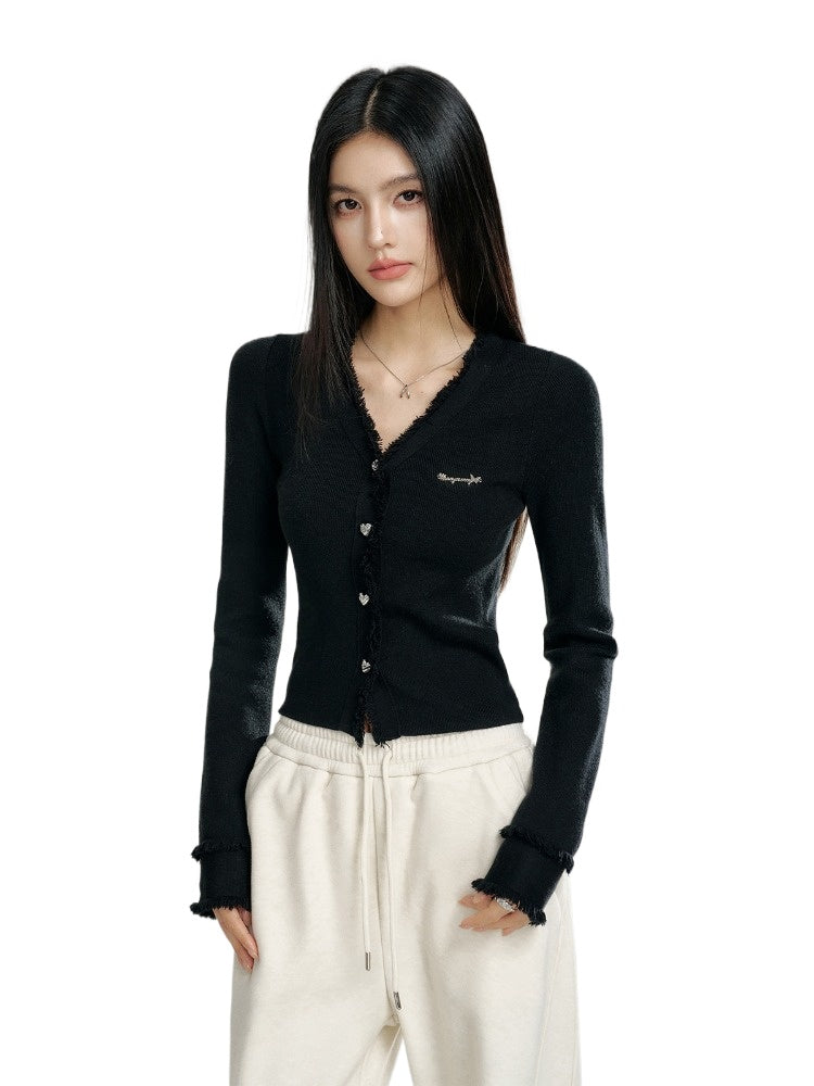 V-neck Frayed Knit Top - CHINASQUAD