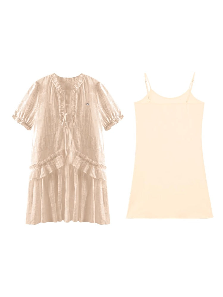 Checkered Hollow-Out Ruffled Dress Set - CHINASQUAD