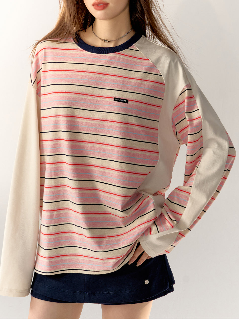 Pink Color-Block Striped Oversized T-shirt - CHINASQUAD