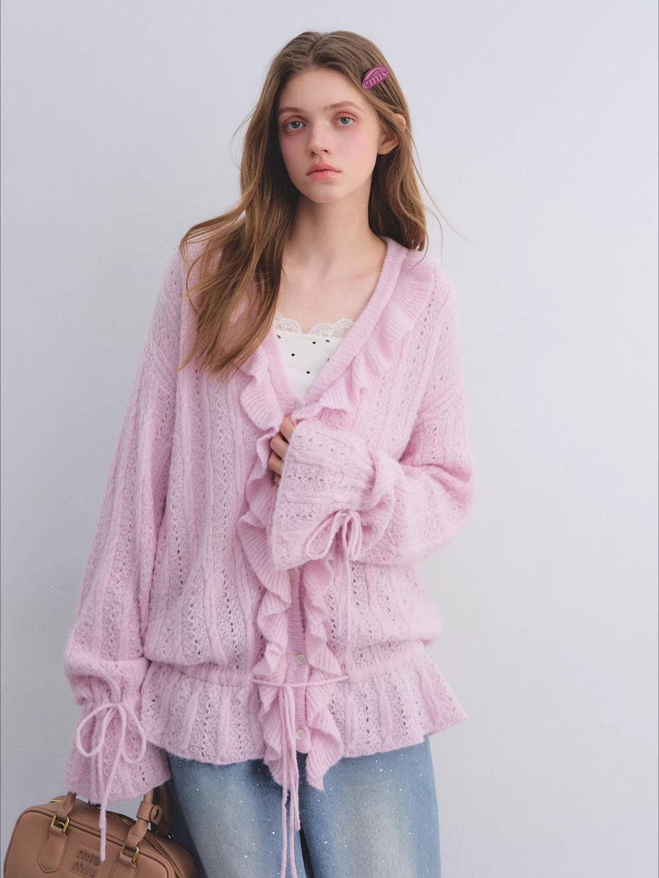 Wool Mohair Drawstring Waist Cardigan