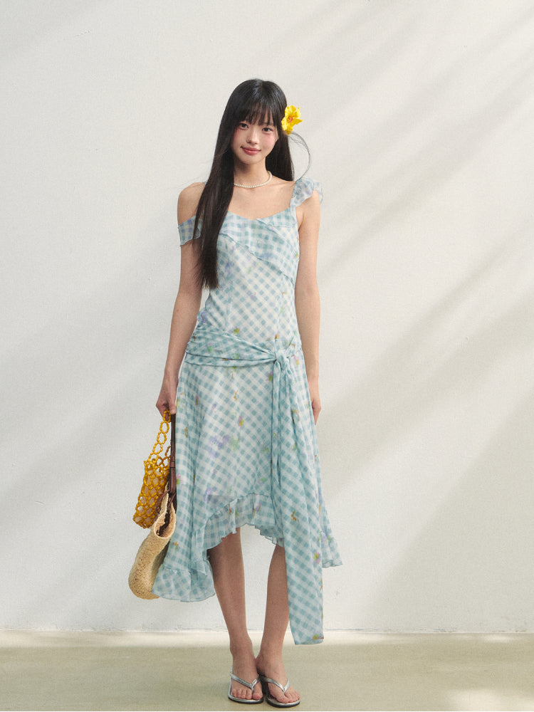 Checkered Print Asymmetrical Slip Dress - CHINASQUAD