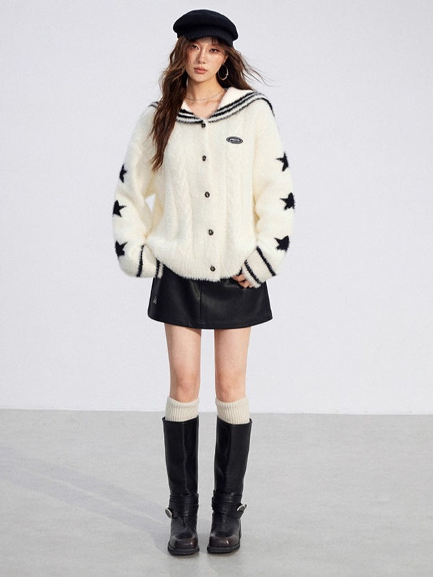 Navy-Collar Mink Plush Knit Turtleneck