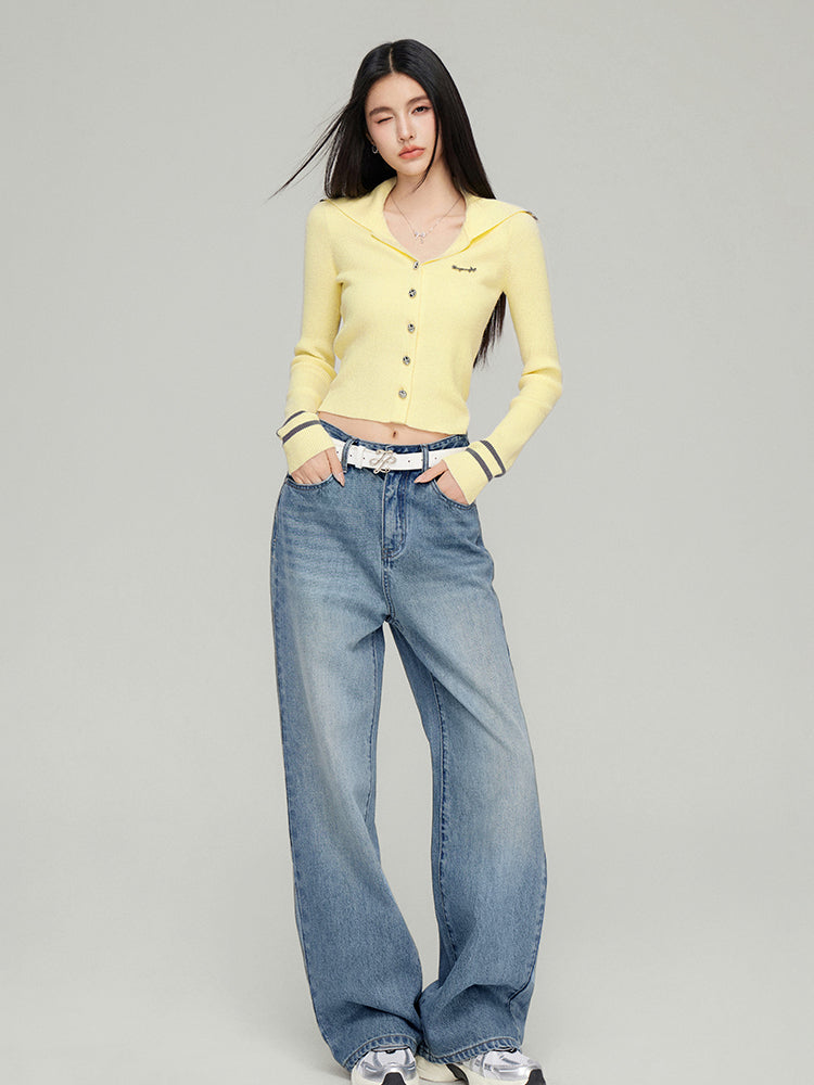 Navy Collar Ribbed Knit Cardigan  - CHINASQUAD