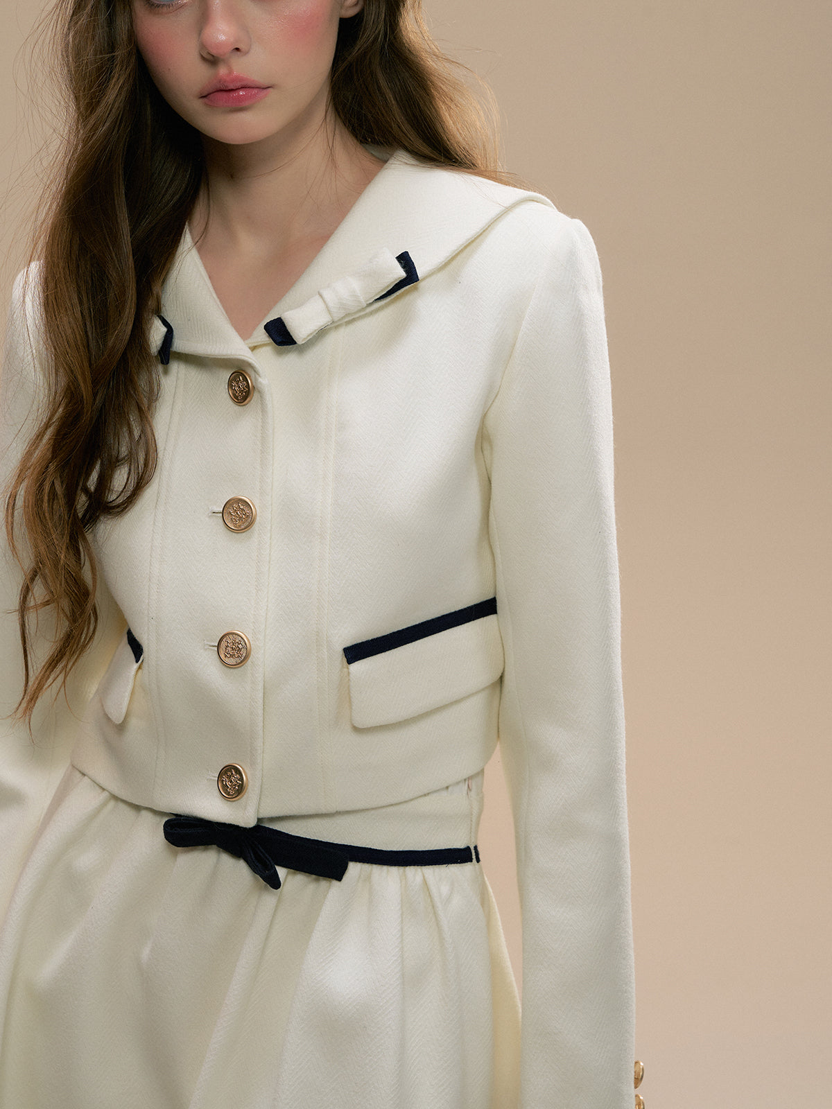 Off-White Navy Collar Wool Jacket Set - CHINASQUAD