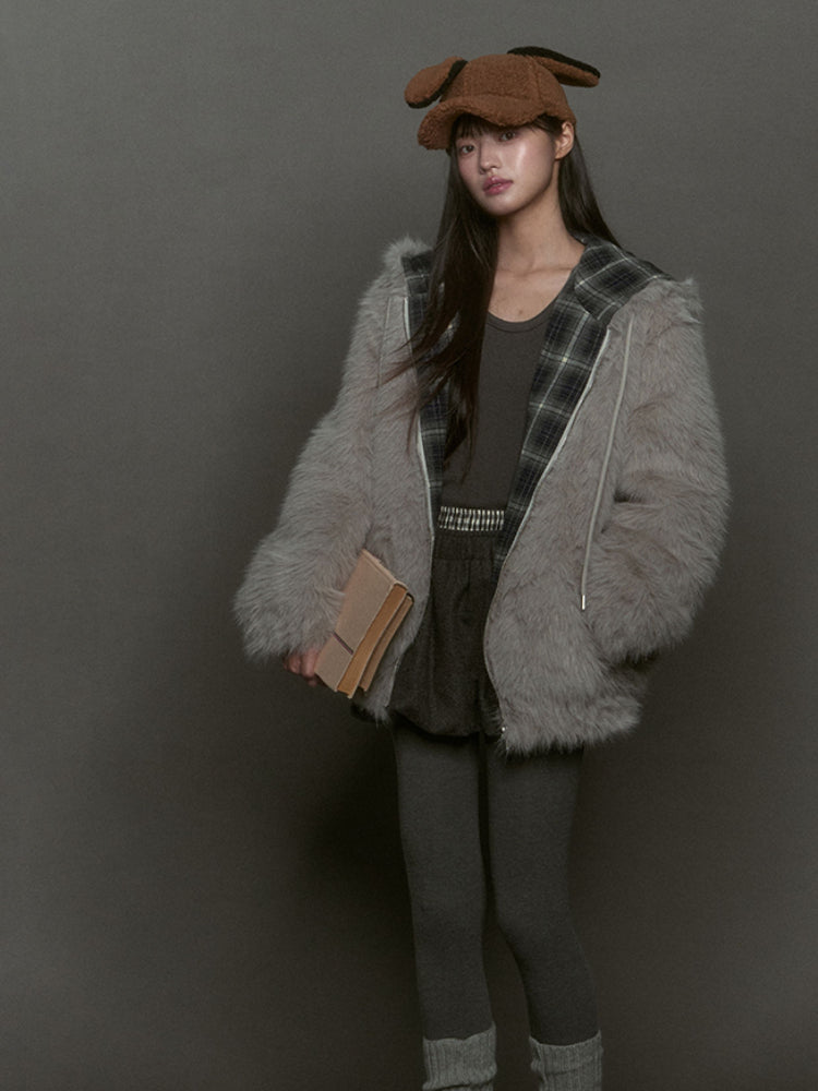 Plaid Spliced Eco-friendly Faux Fur Coat - CHINASQUAD