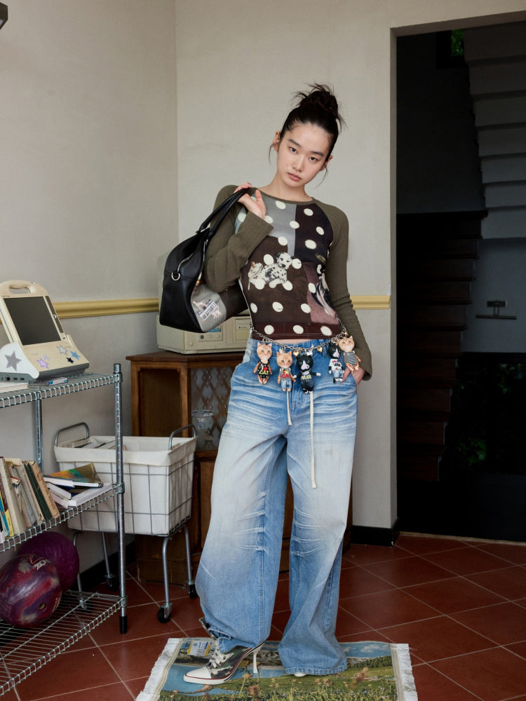 Cat Print Raglan Sleeve Color-Blocking T-Shirt