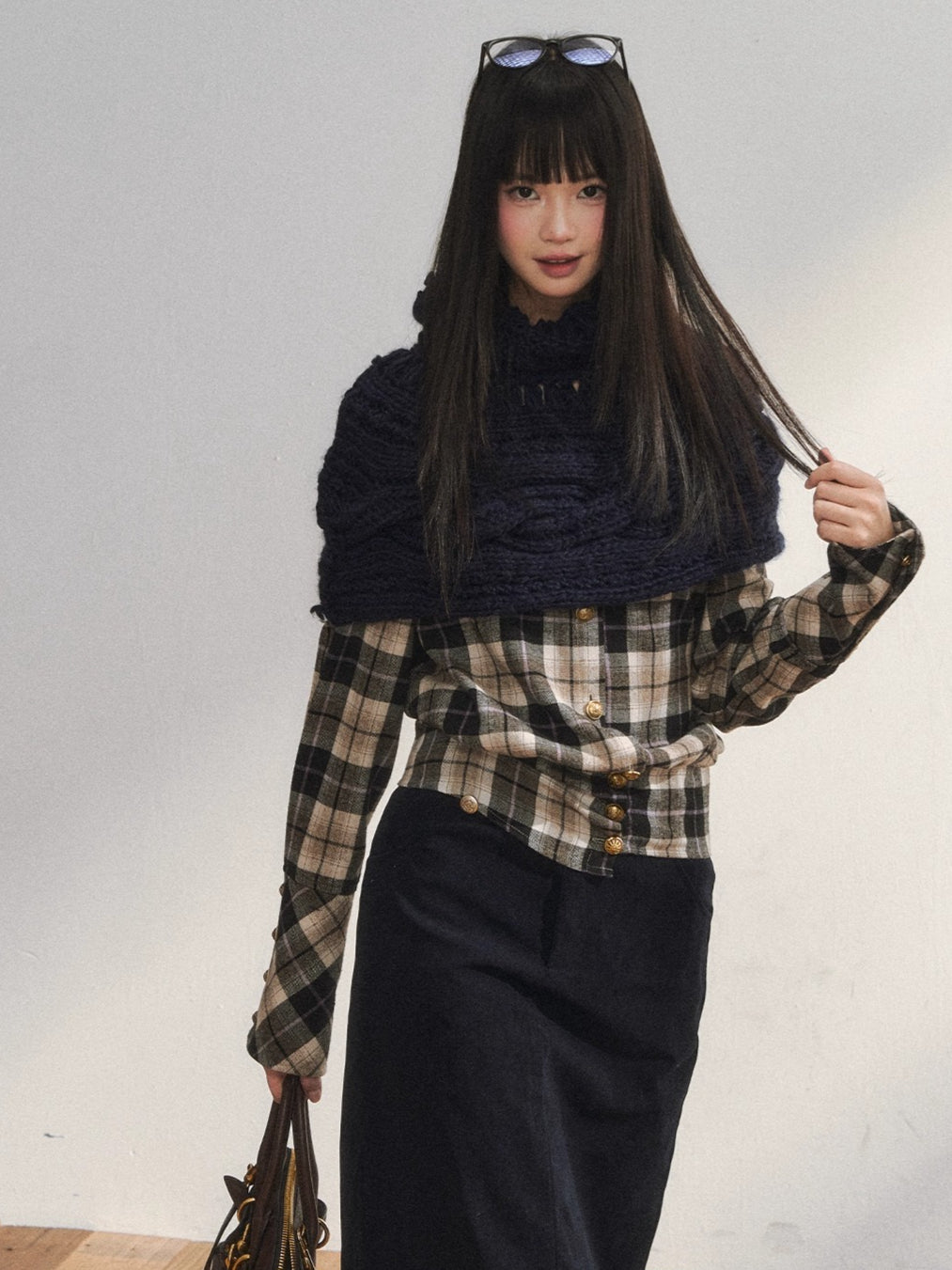 Vintage Plaid Contrast-Panel Fitted Shirt Crewneck