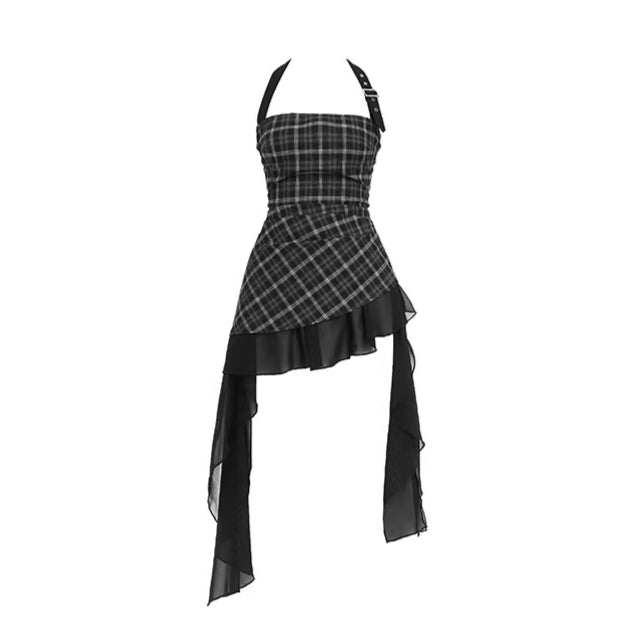 Romantic Asymmetric Ruffle Halter Plaid Bustier