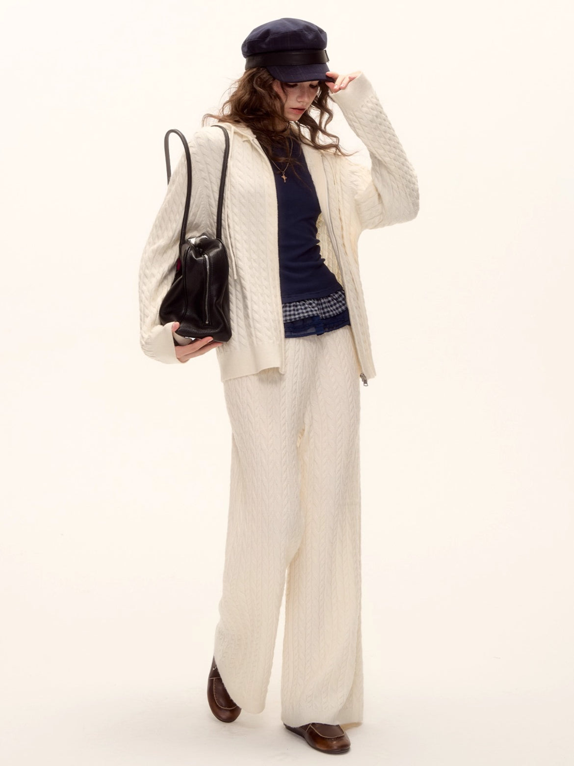 Wool Blend Cable Knit Zipped Hoodie & Wide-Leg Pants Set