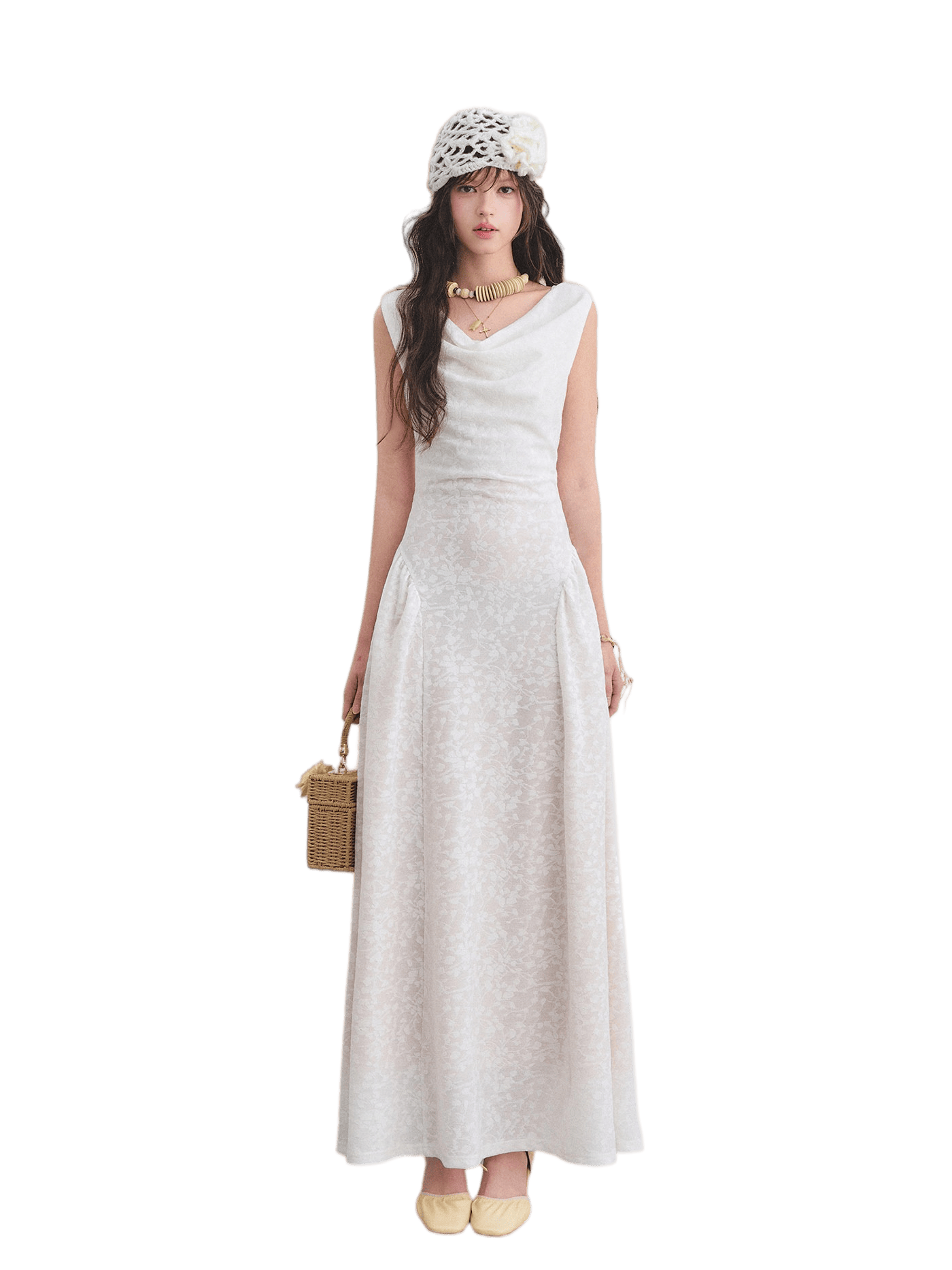 Lace Jacquard Waist-Cinched Maxi Dress