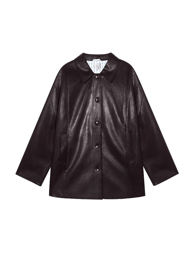 Black H-shaped Cuff Checkered Spliced Leather Jacket - CHINASQUAD