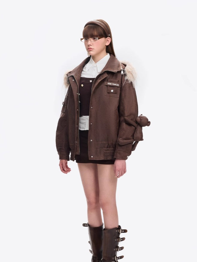 Detachable Fur Collar PU Padded Jacket