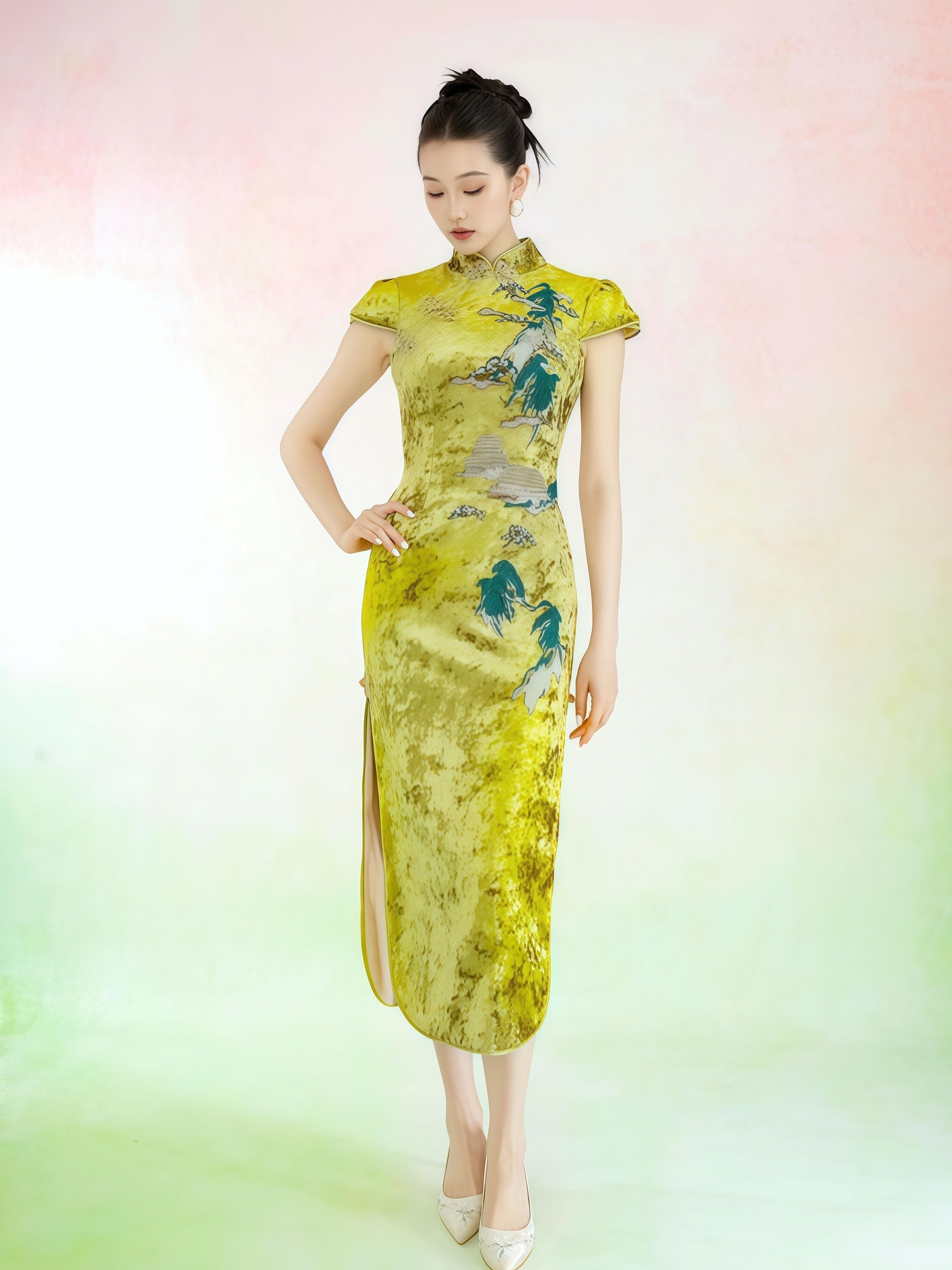 Chartreuse Velvet Embroidered Cheongsam Midi Dress