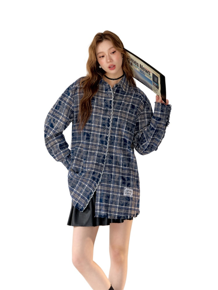 Lace-Trimmed Brushed Plaid Shirt - CHINASQUAD
