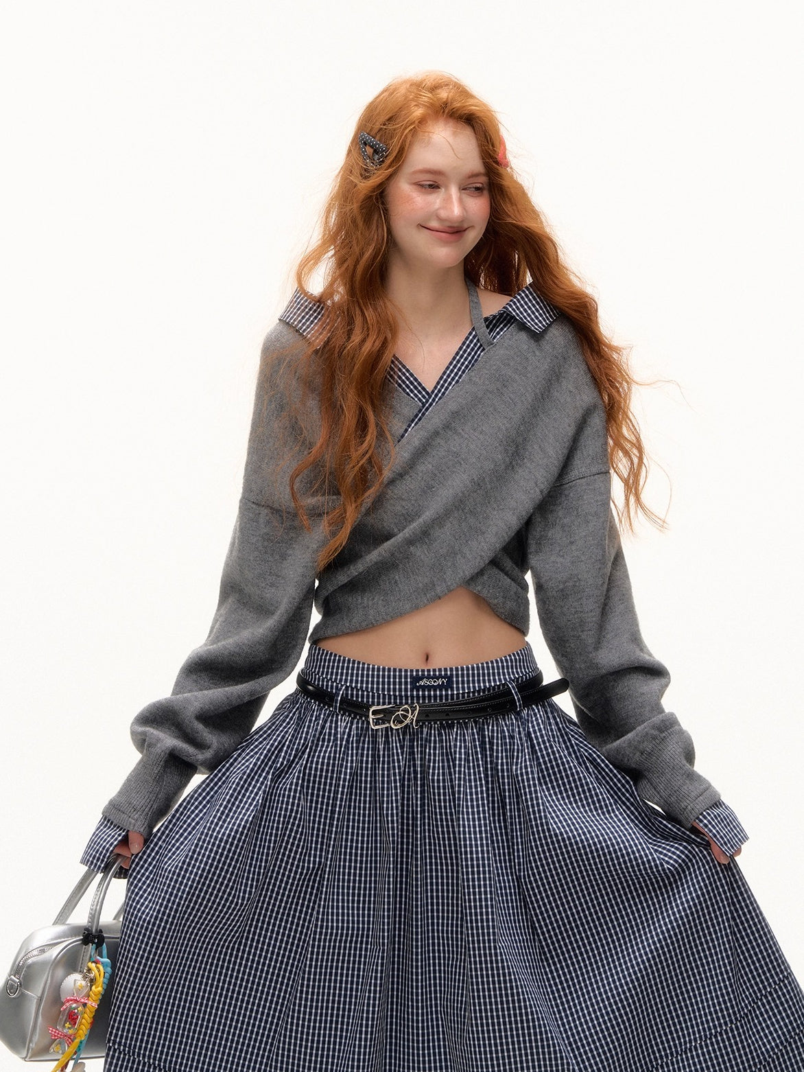 Off-Shoulder Plaid Panel Cross Sweatshirt - CHINASQUAD