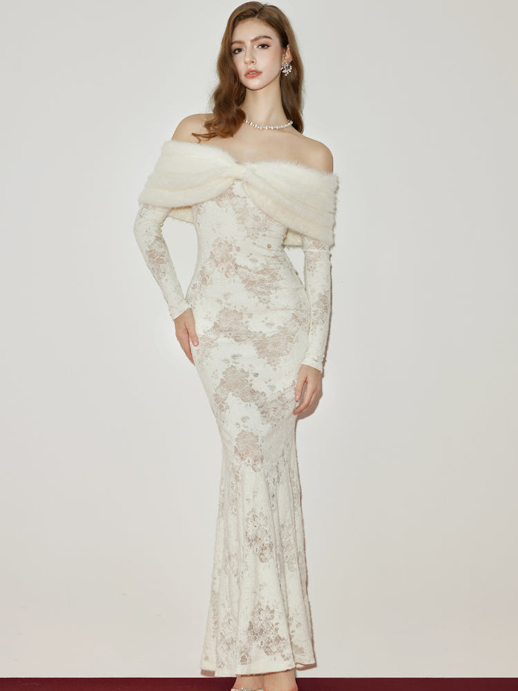 Cynthia Off-Shoulder Fur Collar Long Sleeve Lace Dress - CHINASQUAD