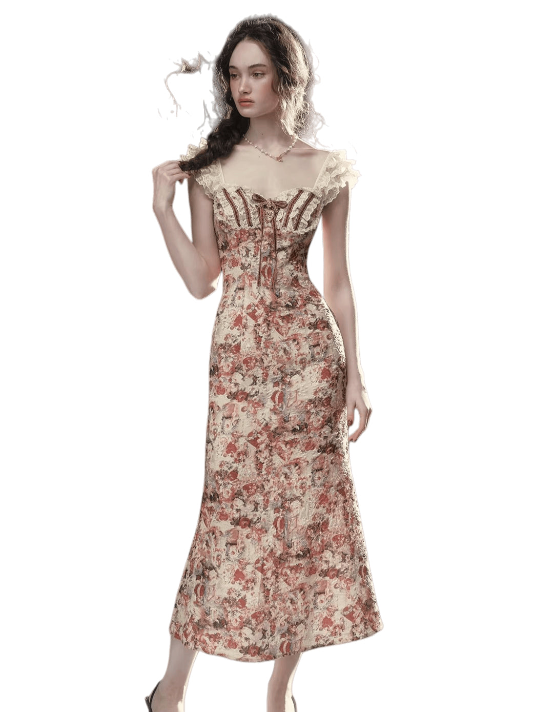 Vintage Lace-Patchwork Floral Mermaid Dress