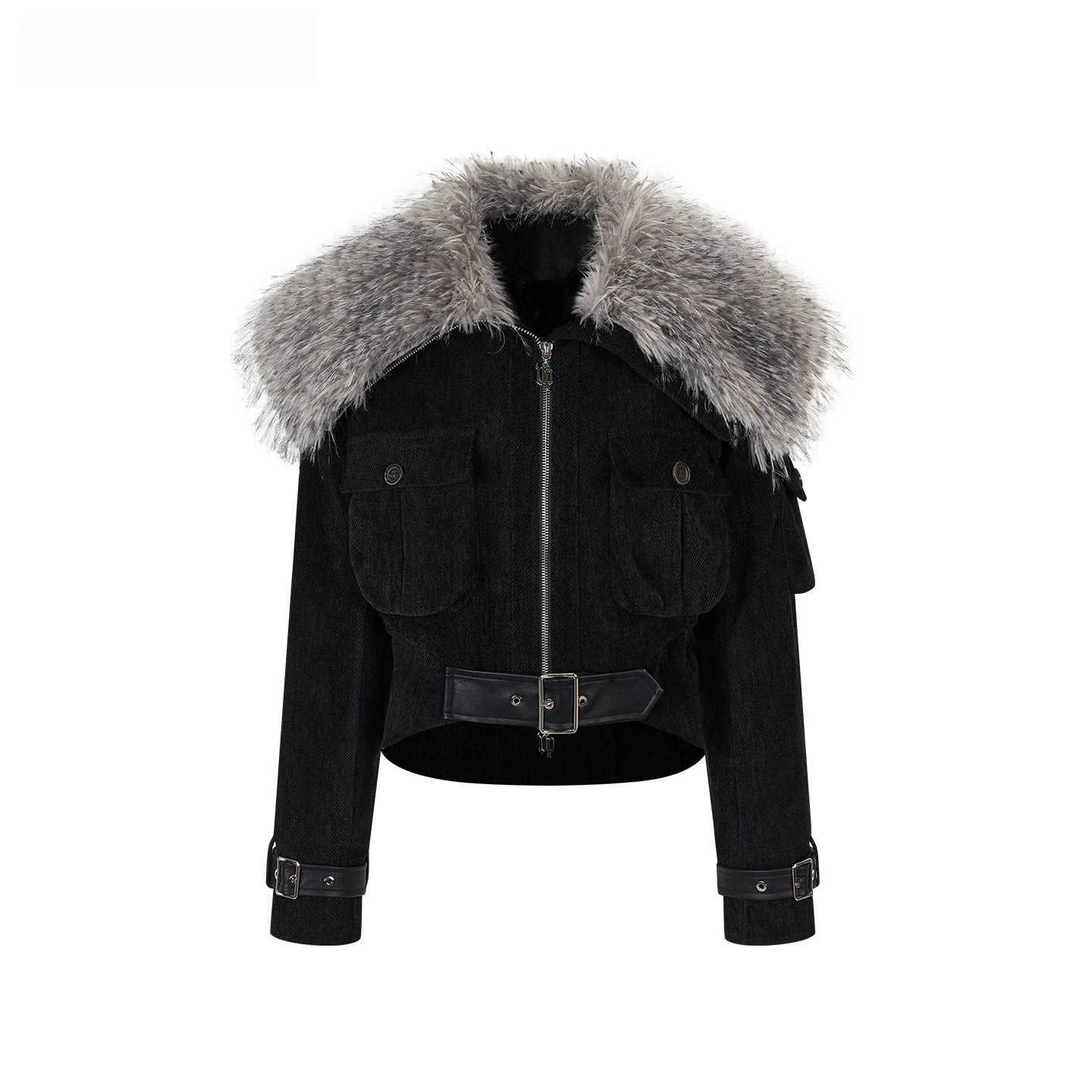 Leopard Faux Fur Collar Belted Puffer Jacket