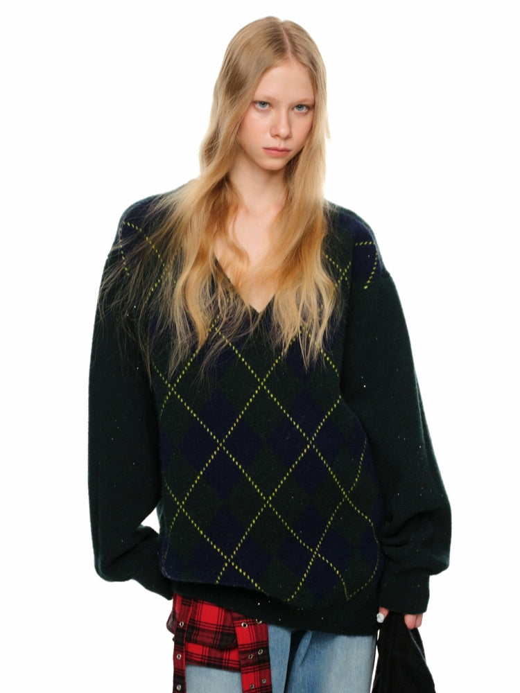 Argyle V-Neck Loose Knit Sweater - CHINASQUAD
