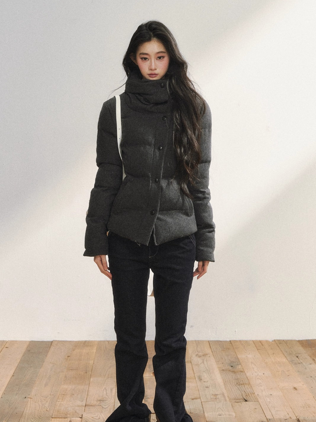 Gray Wool-Blend Quilted Short Puffer Jacket