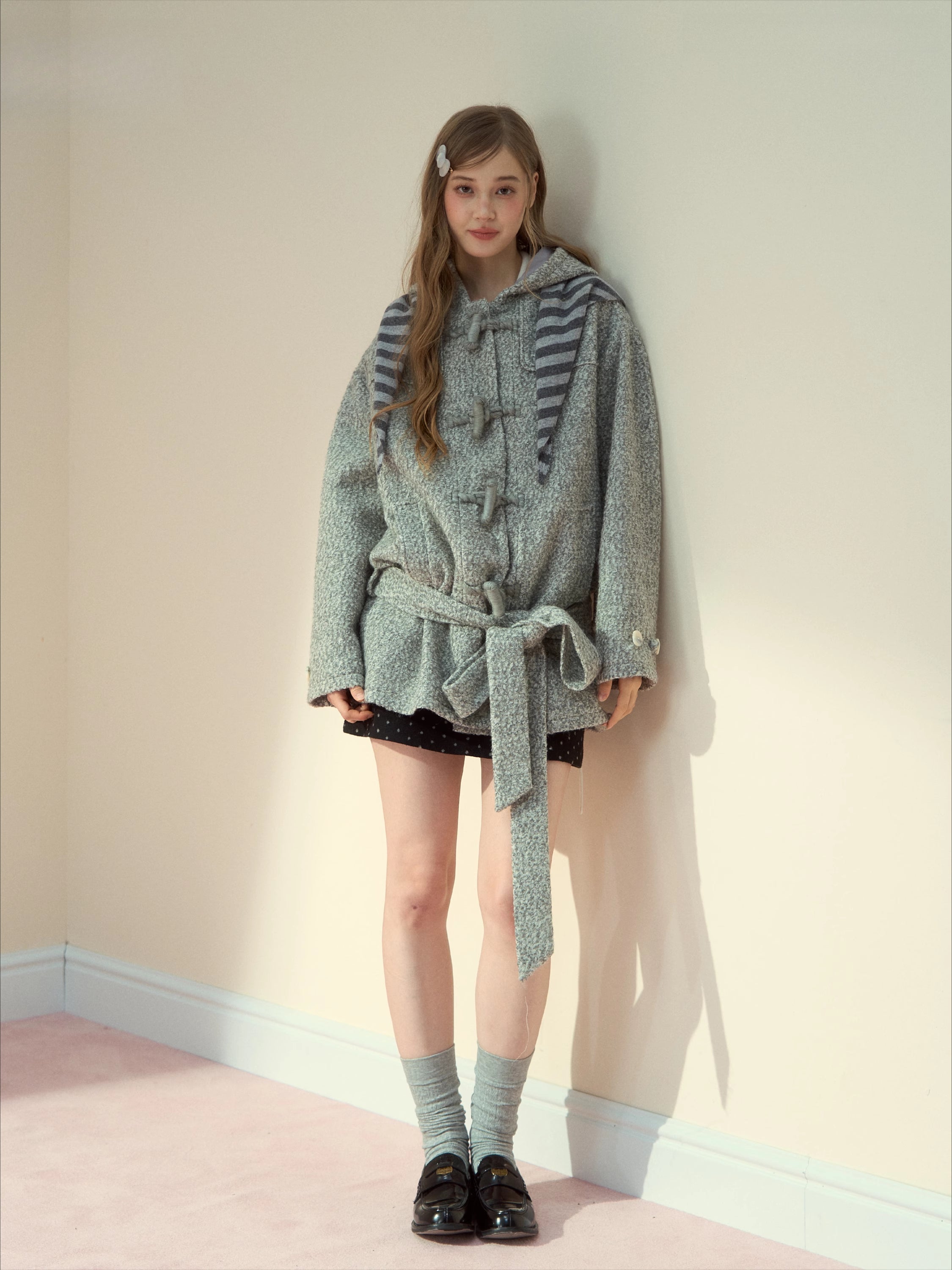 Light Grey Wool-Blend Toggle Belted Coat - CHINASQUAD