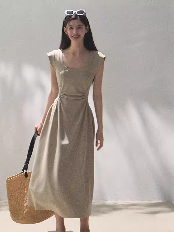 Square Shoulders U-Neck Fitted Dress