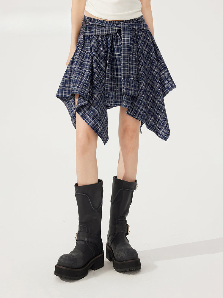 Plaid Tie Up Irregular Shirt Skirt - CHINASQUAD