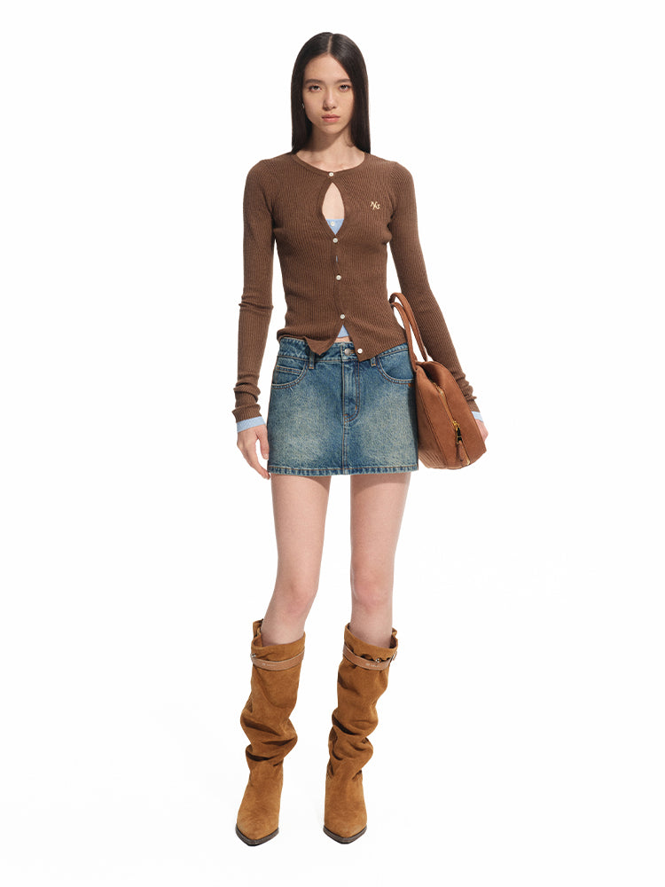 Washed Denim Twill Leather Patchwork Mini Skirt - CHINASQUAD