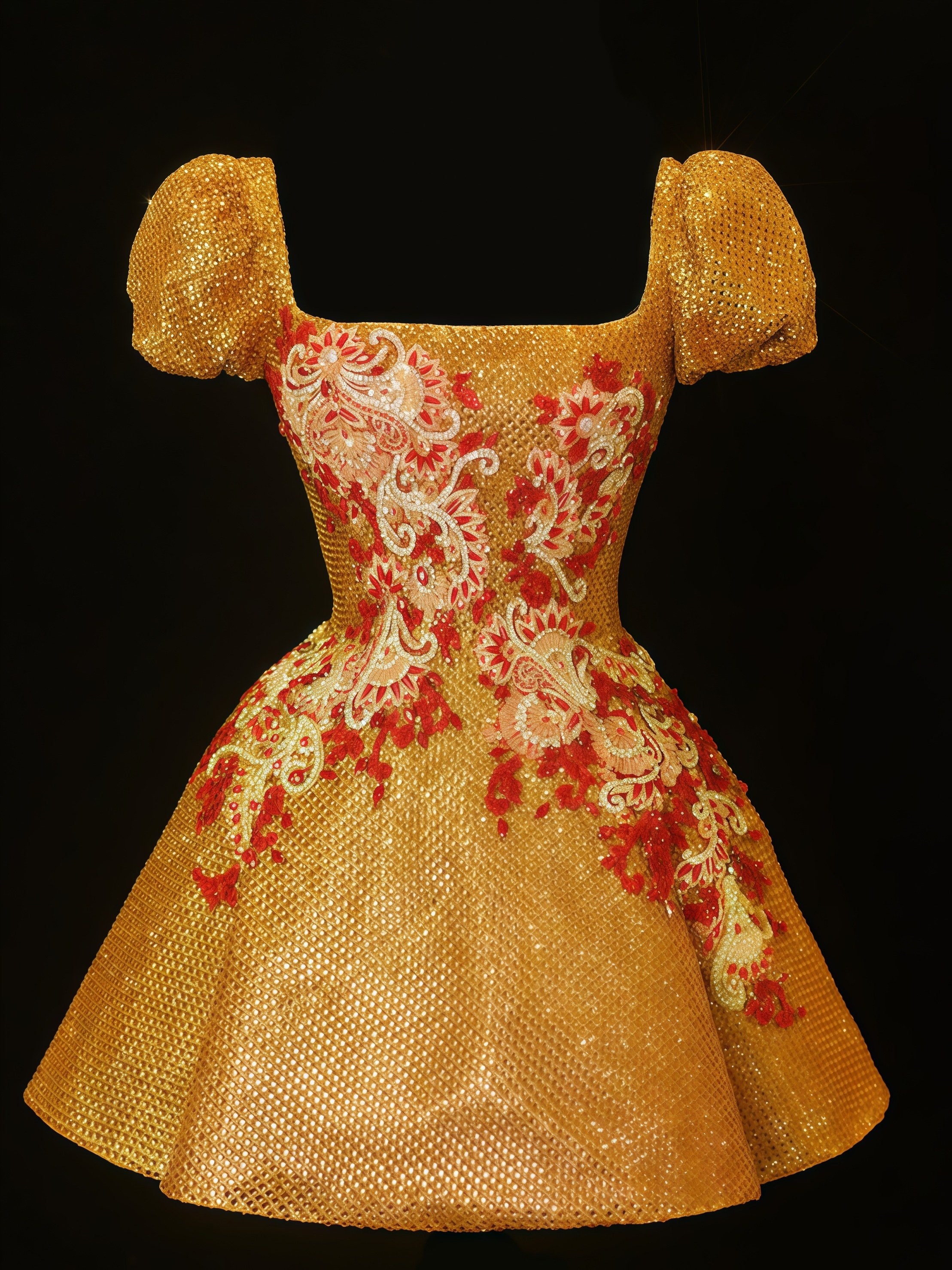 Golden Baroque Embellished Puff Sleeve Mini Dress