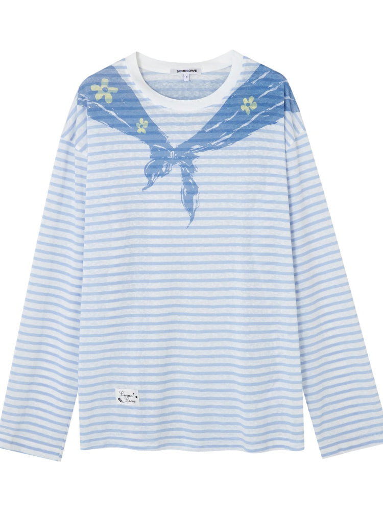 Navy Collar Printed Striped Long-Sleeve T-Shirt - CHINASQUAD