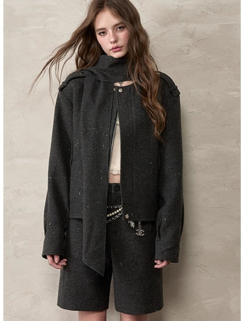 Wool Blend Scarf Detail Relaxed Jacket - CHINASQUAD