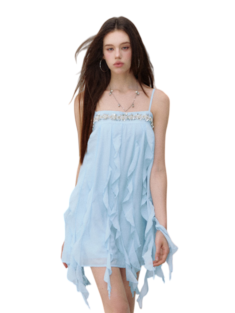 Beaded Trim Flowing Acetate Slip Dress Blue / S Beaded Trim Flowing Acetate Slip Dress Blue / S